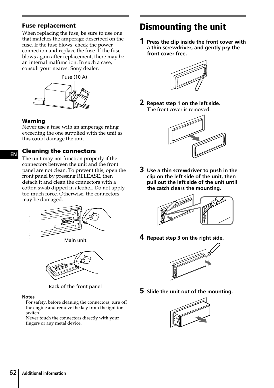 Dismounting the unit | Sony CDX-C90 User Manual | Page 62 / 68