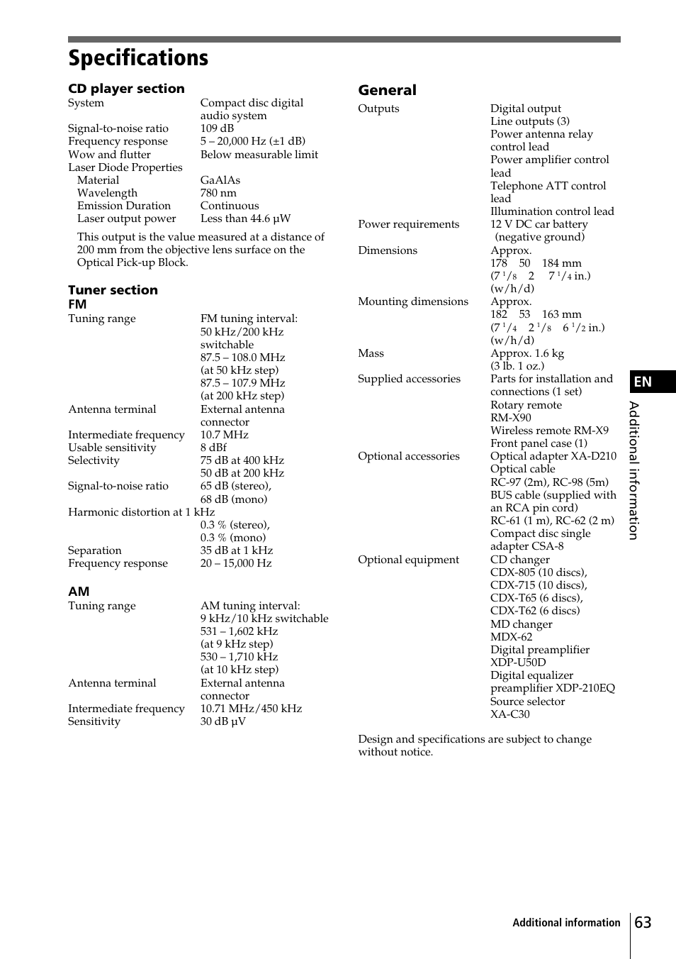 Specifications, General | Sony CDX-C90 User Manual | Page 63 / 68