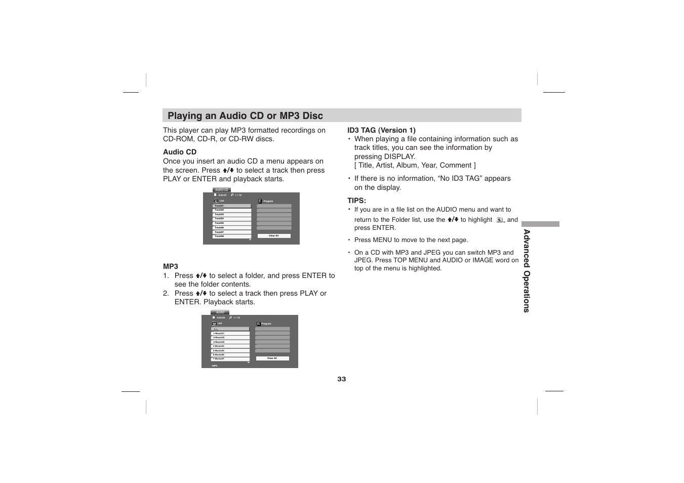 Playing an audio cd or mp3 disc, Advanced operations, V / v | Sony DVP-FX705 User Manual | Page 33 / 55