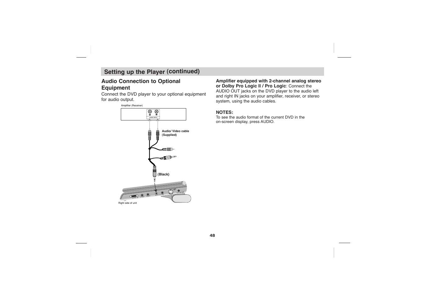 Volume phones phones audio video, Setting up the player (continued) | Sony DVP-FX705 User Manual | Page 48 / 55
