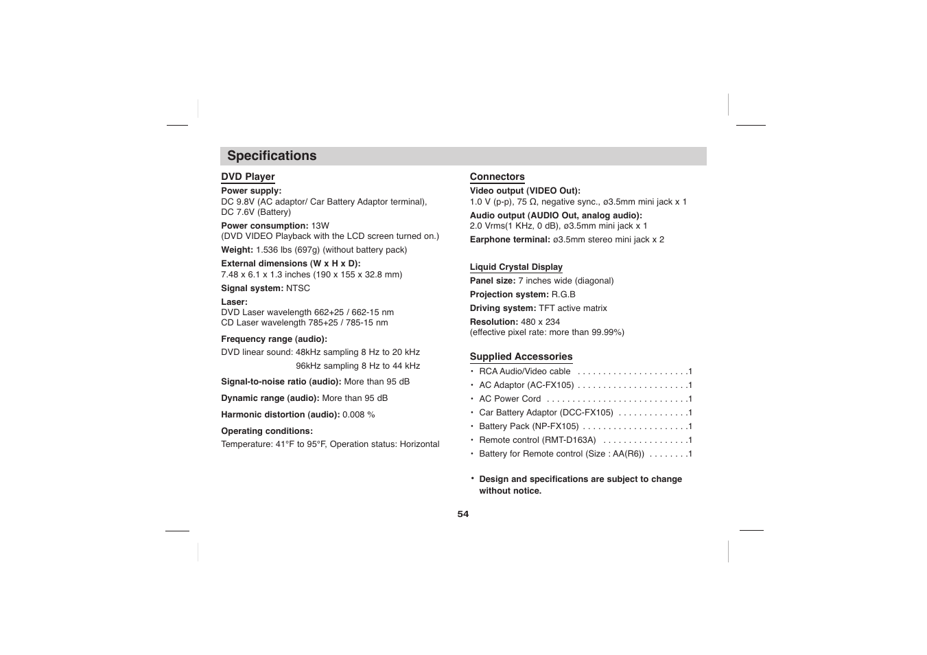 Specifications | Sony DVP-FX705 User Manual | Page 54 / 55