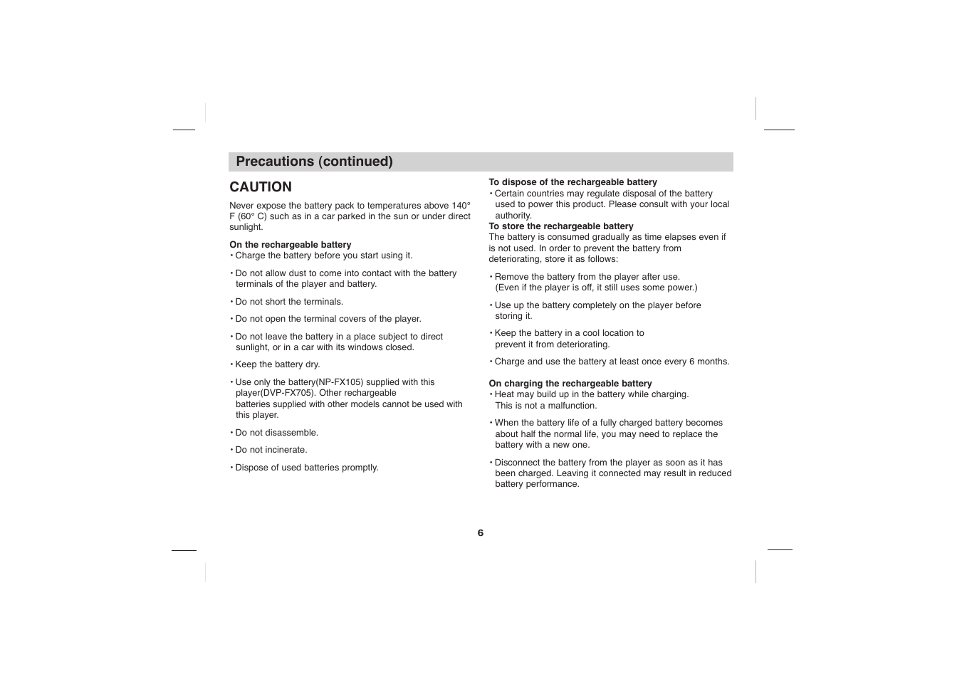 Precautions (continued) caution | Sony DVP-FX705 User Manual | Page 6 / 55
