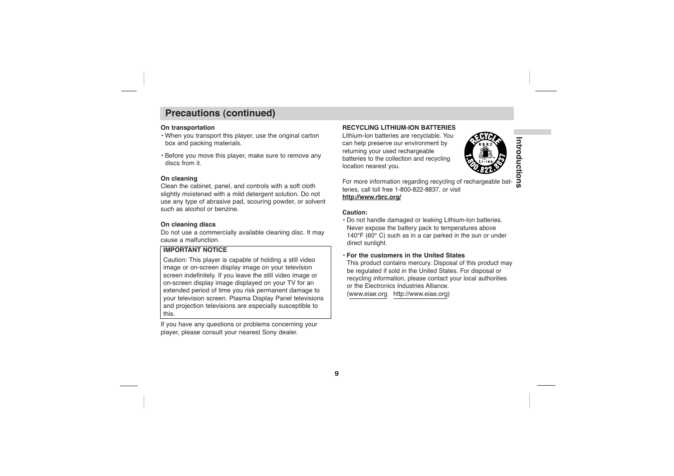 Precautions (continued) | Sony DVP-FX705 User Manual | Page 9 / 55