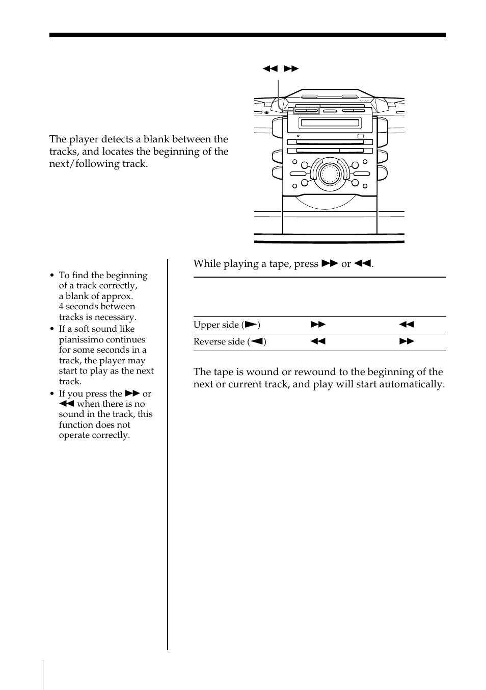 The tape player, Finding the beginning of a track | Sony ZS-D55 User Manual | Page 22 / 84