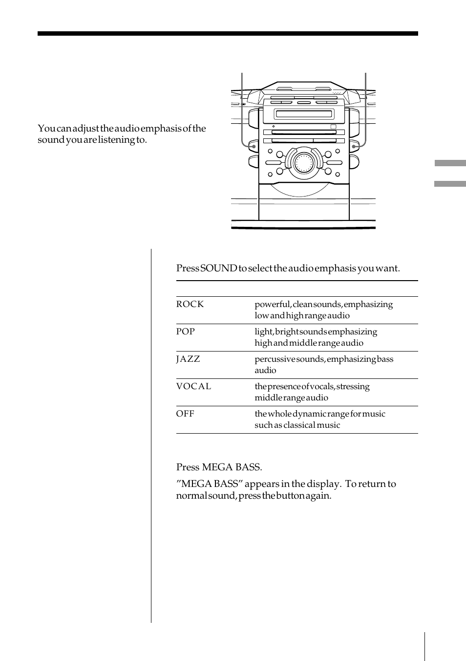 The audio emphasis, Selecting the audio emphasis (sound/mega bass), Selecting the audio emphasis | Sony ZS-D55 User Manual | Page 23 / 84