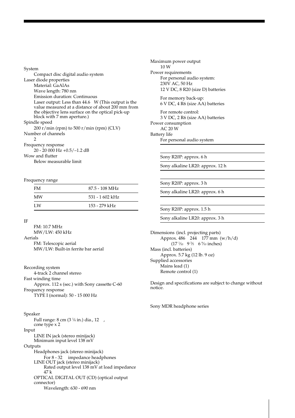Specifications, Additional information, General | Optional accessories | Sony ZS-D55 User Manual | Page 41 / 84