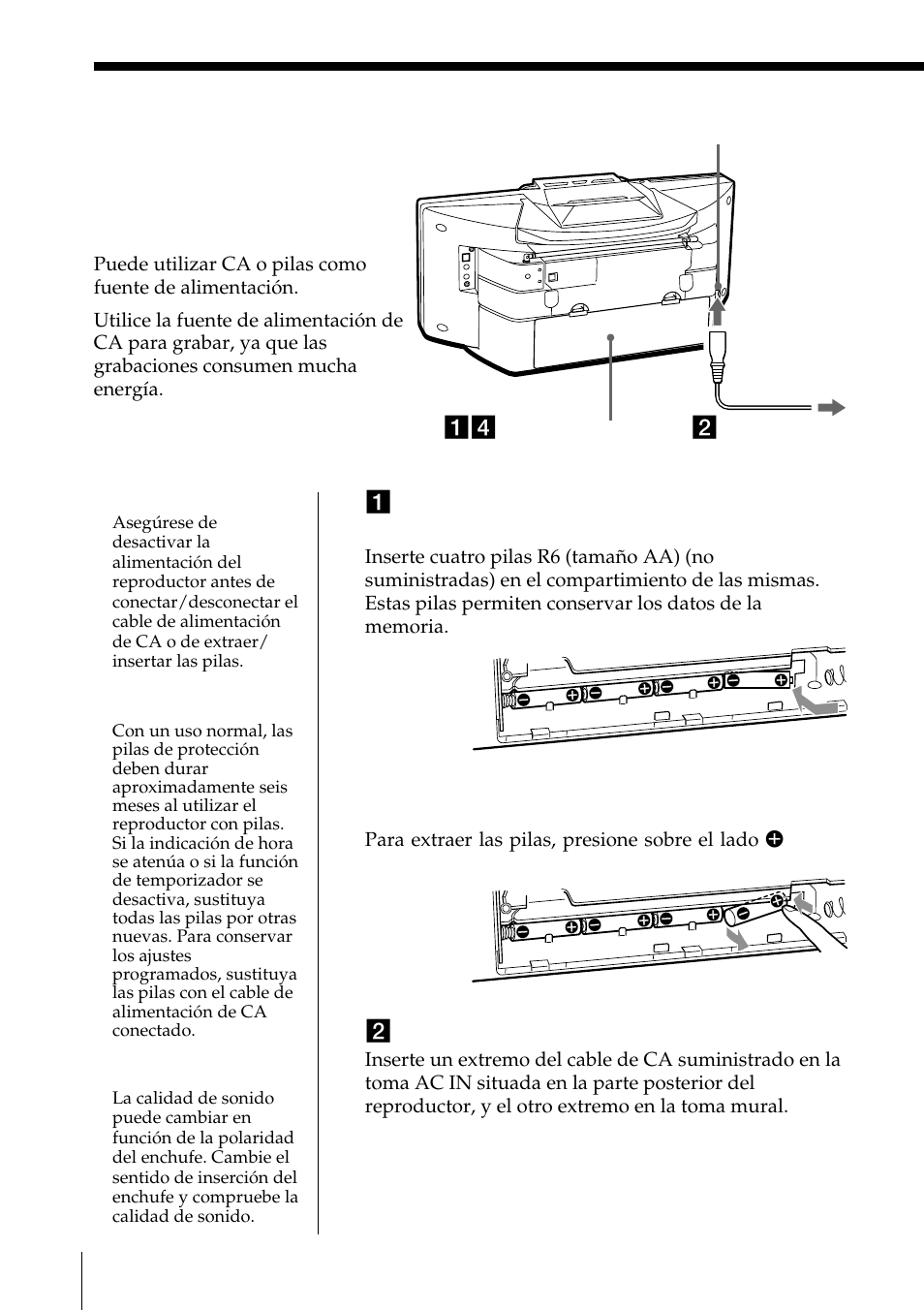 Instalación, Elección de las fuentes de alimentación | Sony ZS-D55 User Manual | Page 72 / 84