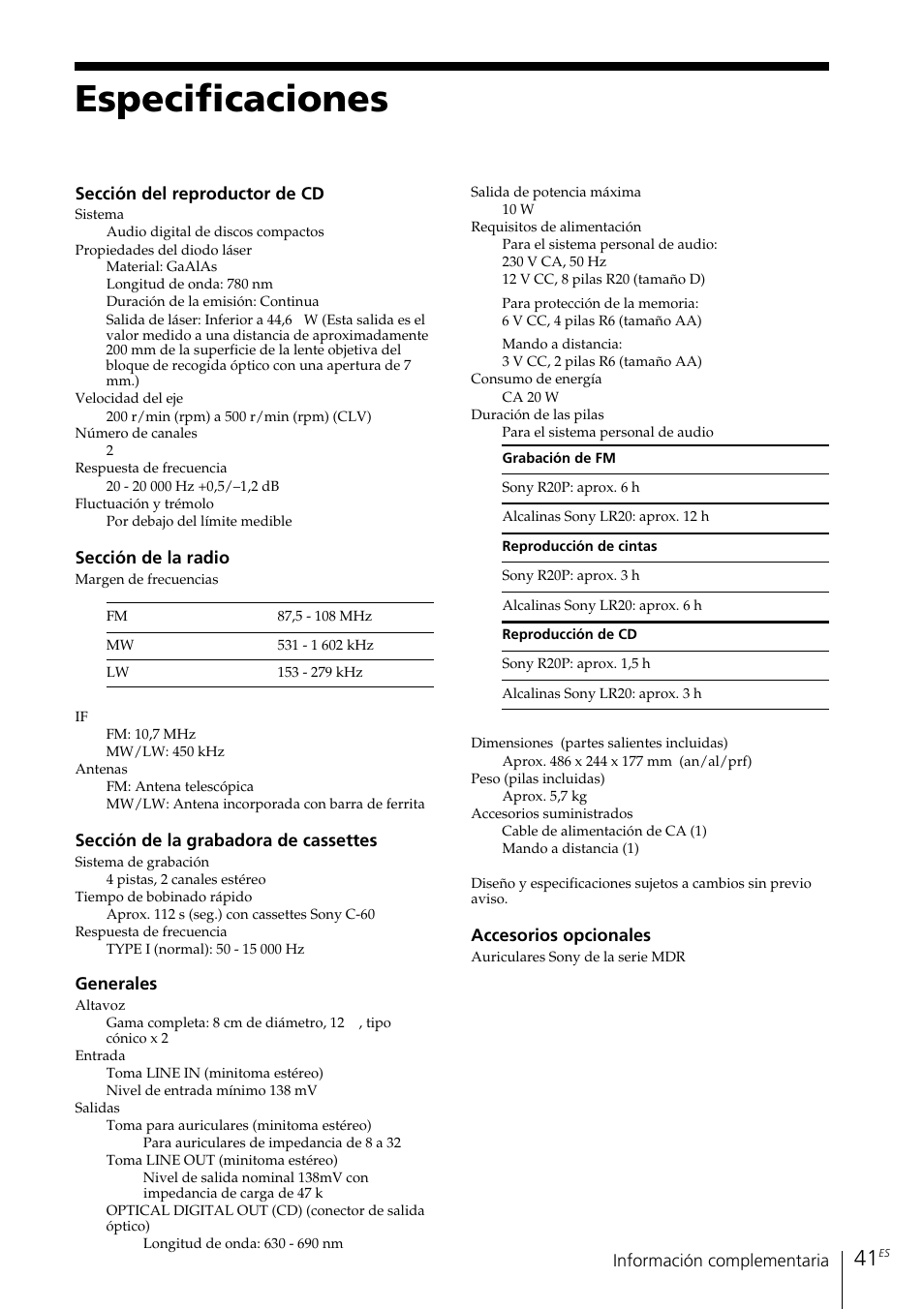 Especificaciones | Sony ZS-D55 User Manual | Page 83 / 84