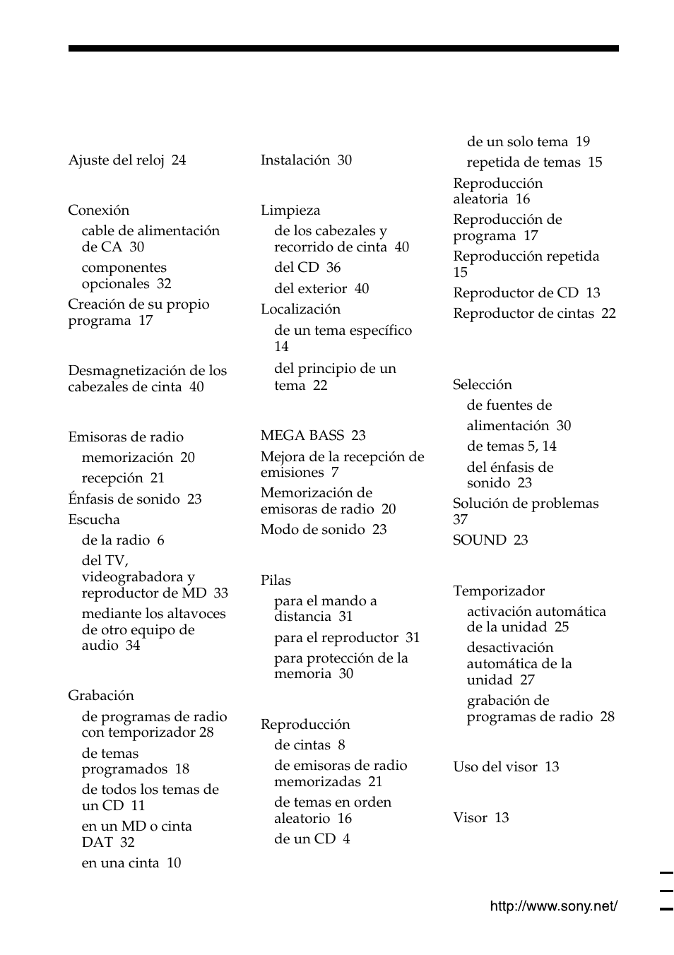 Índice alfabético, Cubierta posterior | Sony ZS-D55 User Manual | Page 84 / 84