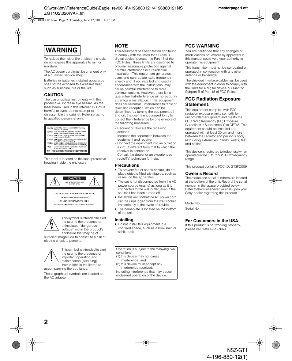 Warning, Fcc warning, Fcc radiation exposure statement | Sony NSZ-GT1 User Manual | Page 2 / 8