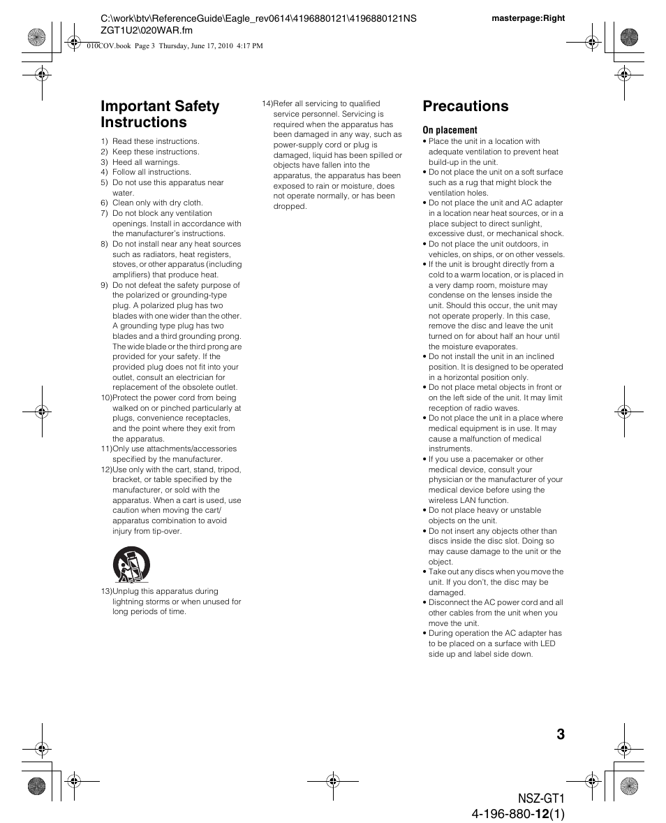 Important safety instructions, Precautions | Sony NSZ-GT1 User Manual | Page 3 / 8