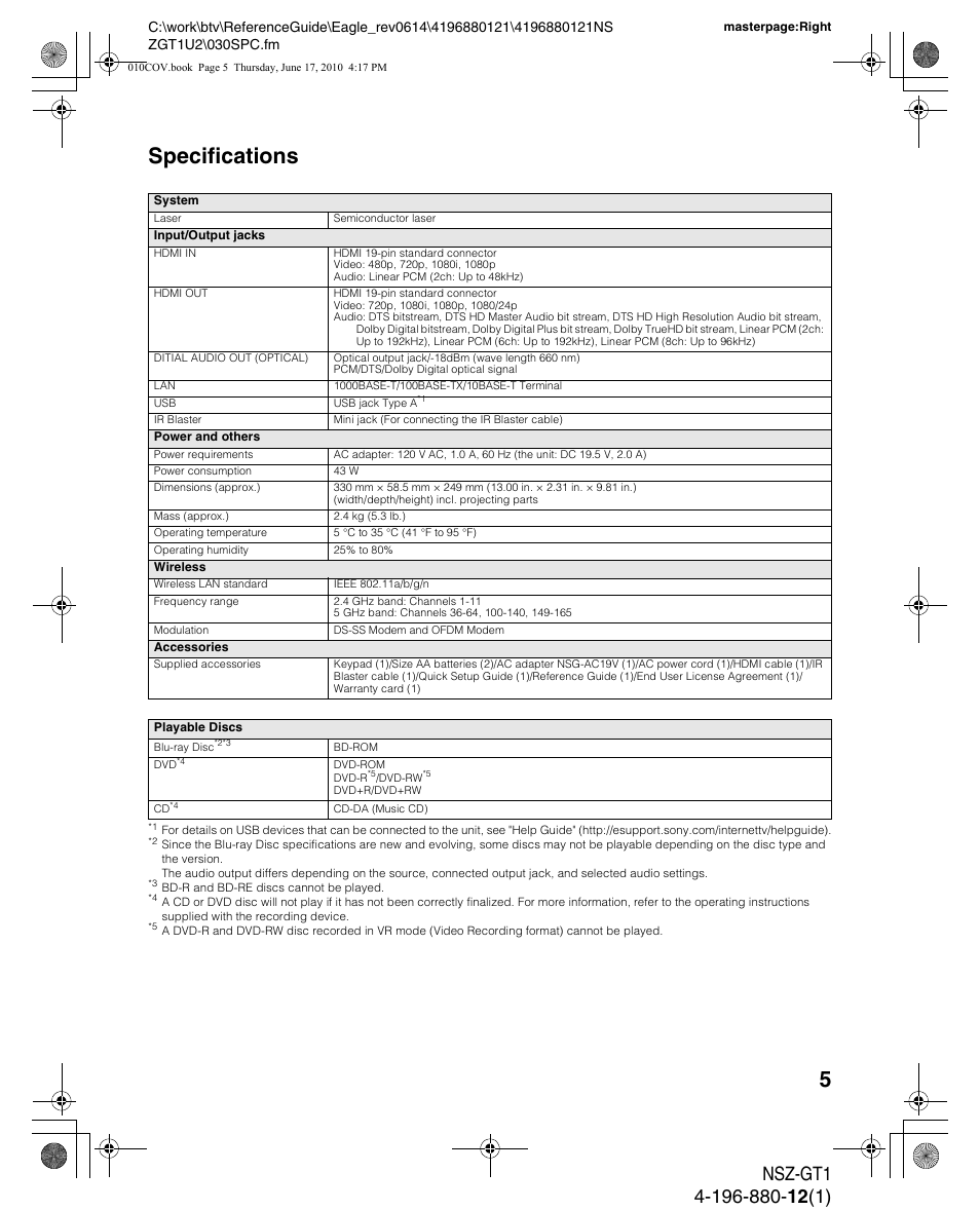 Specifications | Sony NSZ-GT1 User Manual | Page 5 / 8