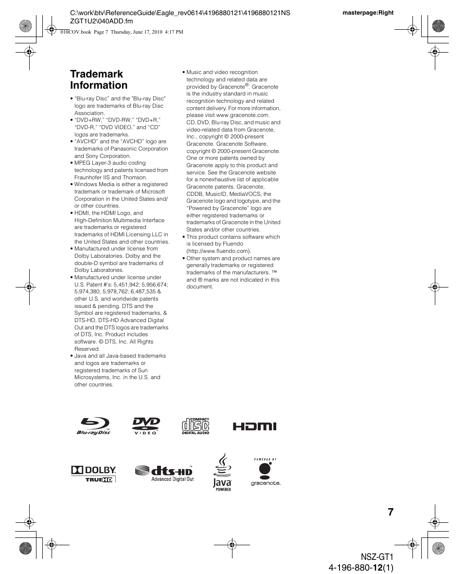 Trademark information | Sony NSZ-GT1 User Manual | Page 7 / 8