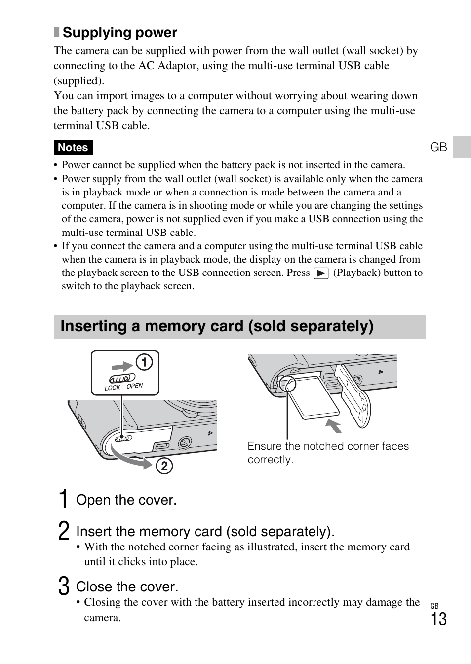 Inserting a memory card (sold separately) | Sony CYBER-SHOT DSC-HX7 User Manual | Page 13 / 56