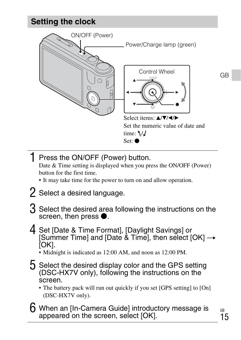 Setting the clock | Sony CYBER-SHOT DSC-HX7 User Manual | Page 15 / 56