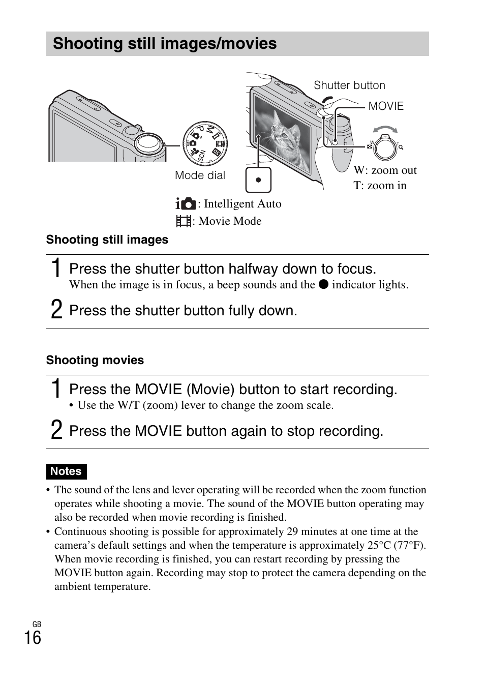 Shooting still images/movies | Sony CYBER-SHOT DSC-HX7 User Manual | Page 16 / 56