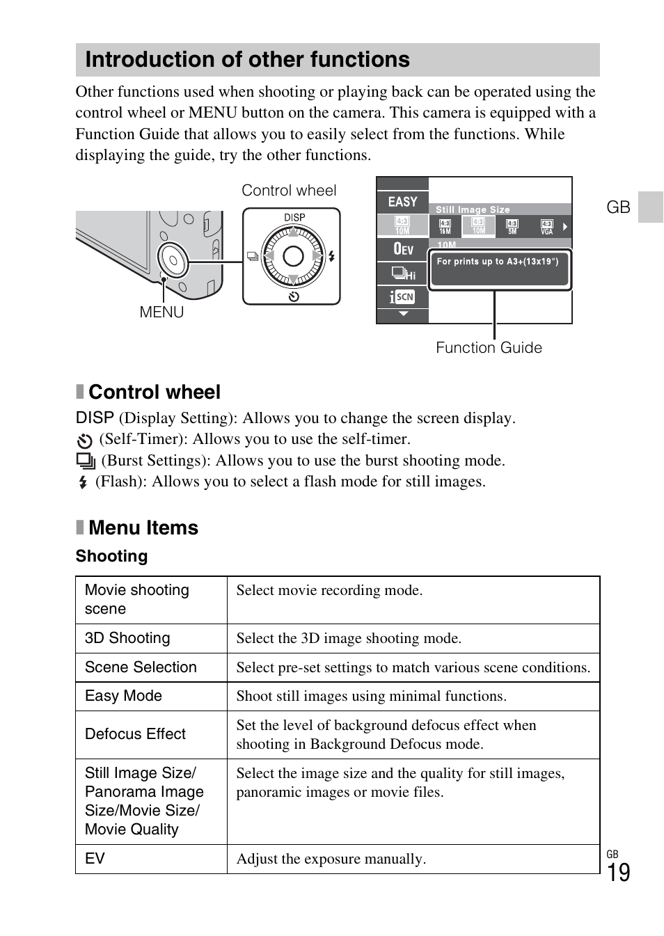 Introduction of other functions, Xcontrol wheel, Xmenu items | Sony CYBER-SHOT DSC-HX7 User Manual | Page 19 / 56