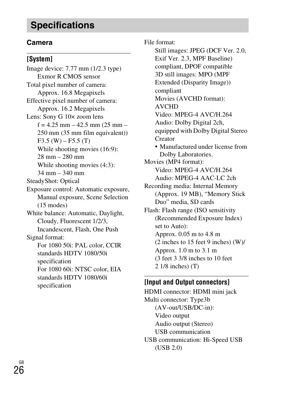 Specifications | Sony CYBER-SHOT DSC-HX7 User Manual | Page 26 / 56