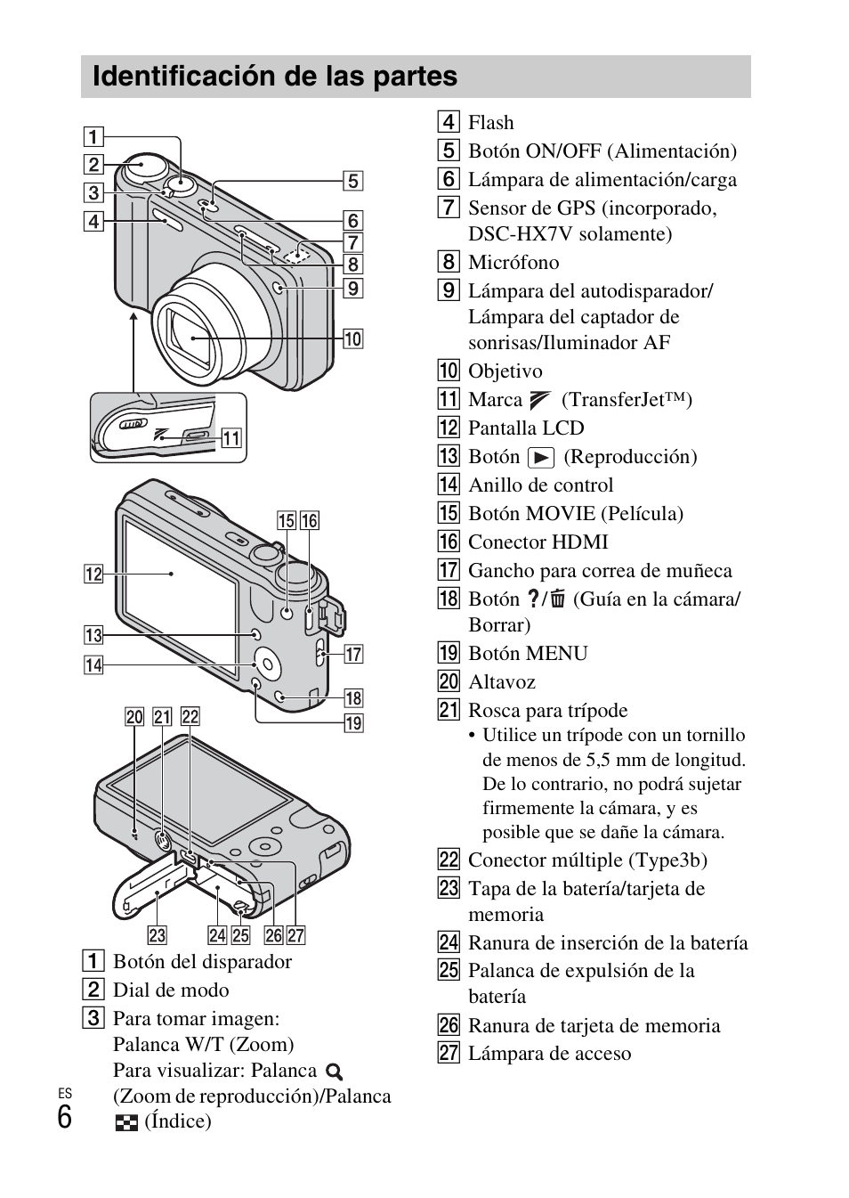 Identificación de las partes | Sony CYBER-SHOT DSC-HX7 User Manual | Page 34 / 56