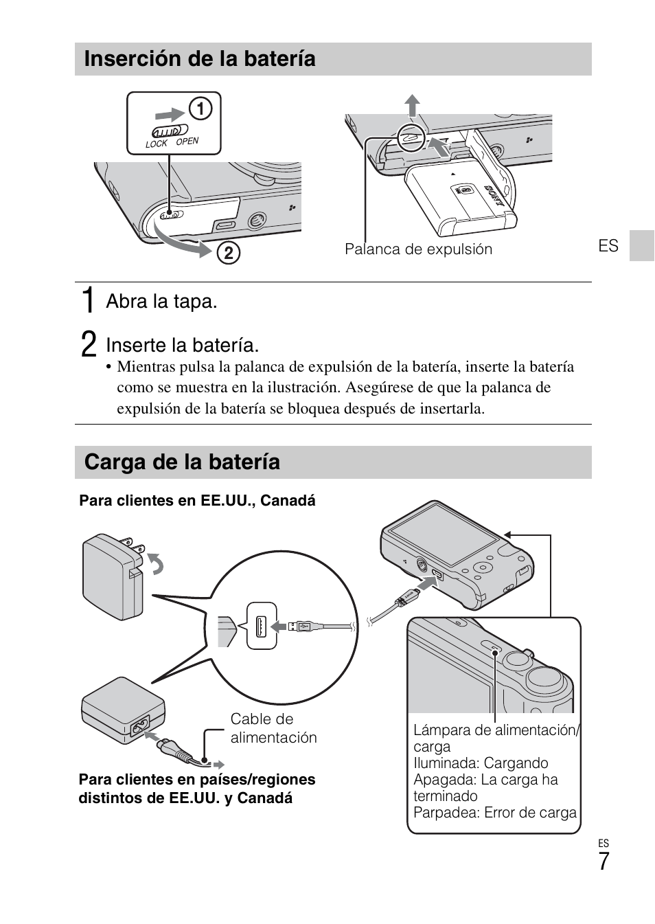 Inserción de la batería, Carga de la batería | Sony CYBER-SHOT DSC-HX7 User Manual | Page 35 / 56