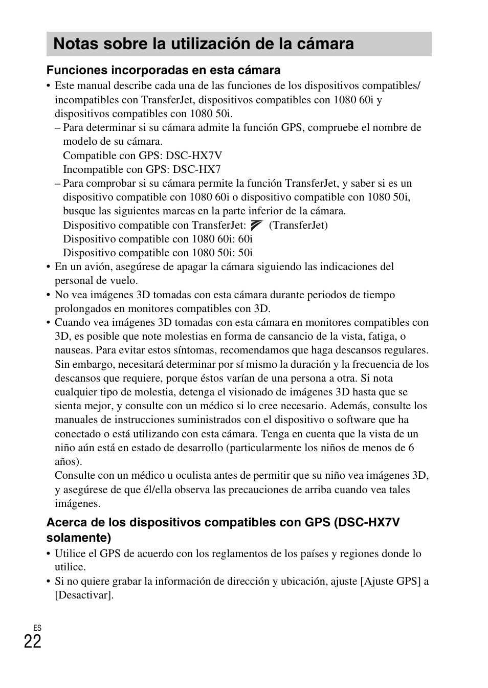 Notas sobre la utilización de la cámara | Sony CYBER-SHOT DSC-HX7 User Manual | Page 50 / 56