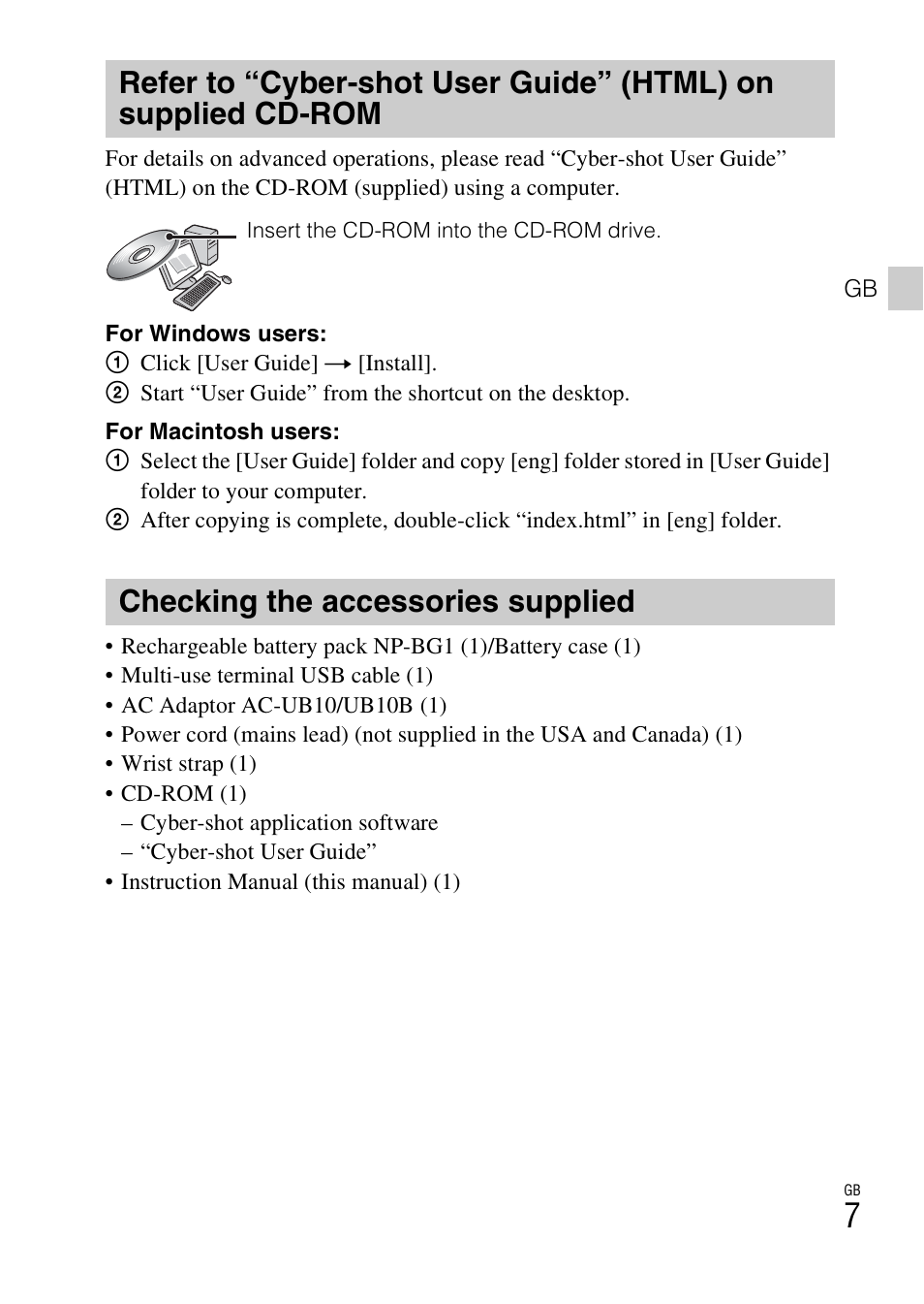 Checking the accessories supplied | Sony CYBER-SHOT DSC-HX7 User Manual | Page 7 / 56