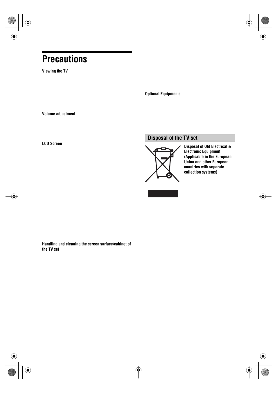 Precautions, Disposal of the tv set | Sony BRAVIA KDL-20S2000 User Manual | Page 10 / 103