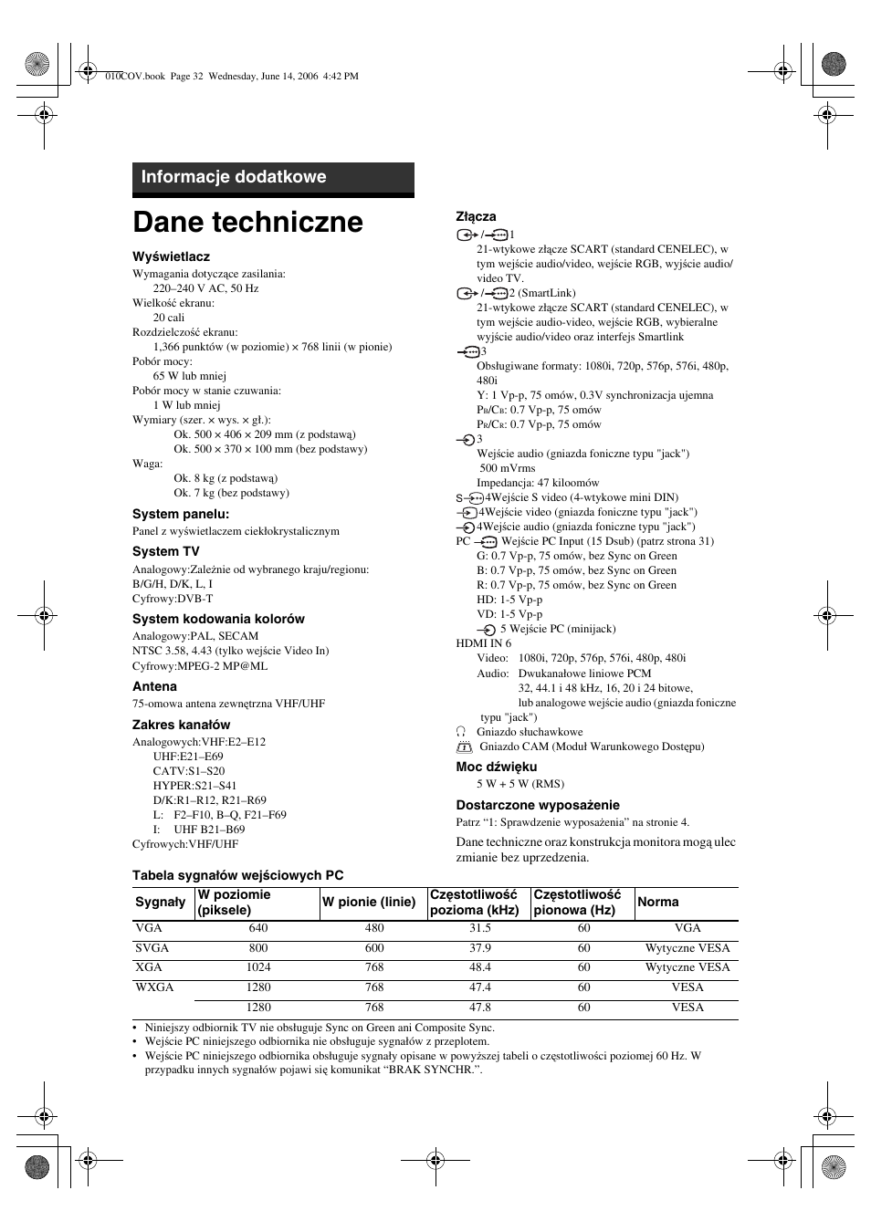 Dane techniczne, Informacje dodatkowe | Sony BRAVIA KDL-20S2000 User Manual | Page 100 / 103