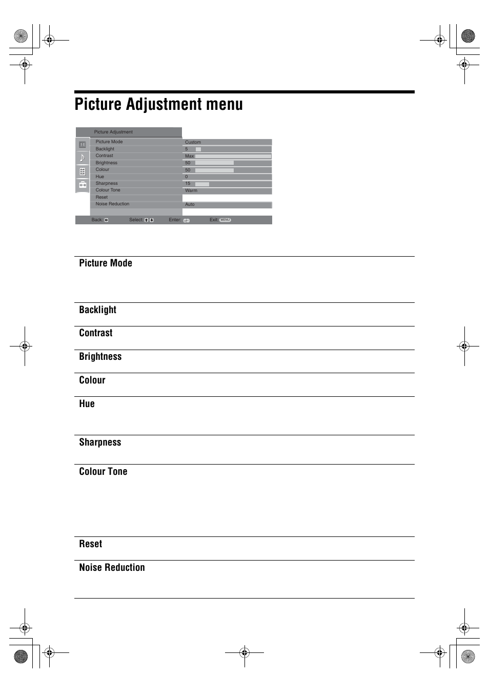 Picture adjustment menu, Picture mode, Backlight | Contrast, Brightness, Colour, Sharpness, Colour tone, Reset, Noise reduction | Sony BRAVIA KDL-20S2000 User Manual | Page 20 / 103
