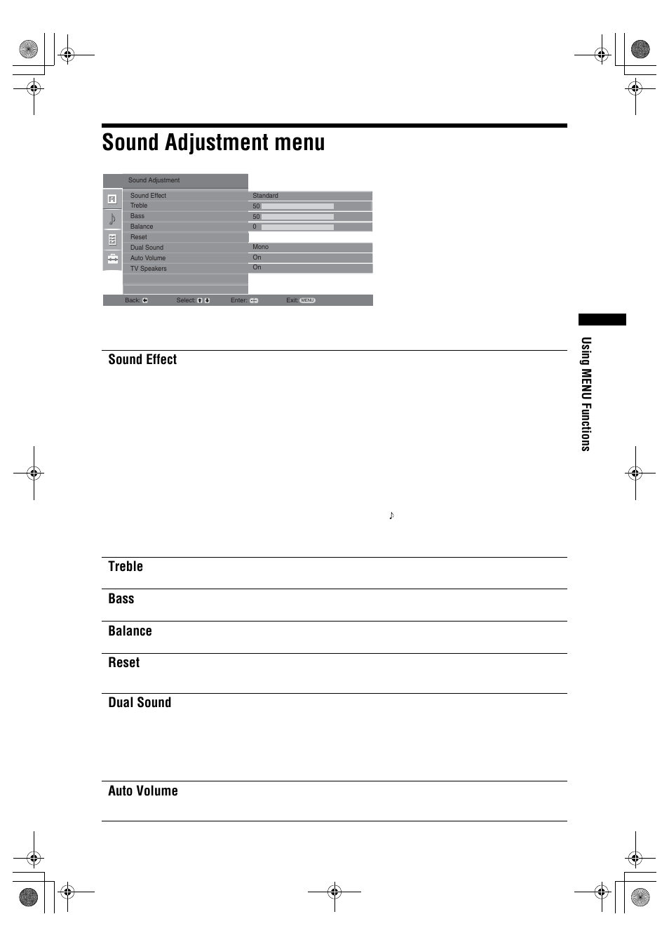 Sound adjustment menu, Sound effect, Treble | Bass, Balance, Reset, Dual sound, Auto volume, Using menu functions | Sony BRAVIA KDL-20S2000 User Manual | Page 21 / 103