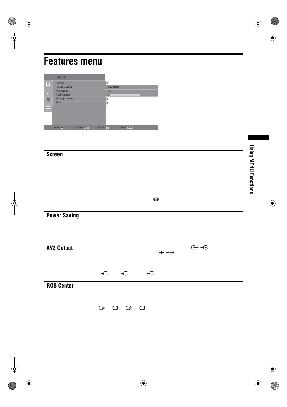 Features menu, Screen, Power saving | Av2 output, Rgb center, Using menu functions | Sony BRAVIA KDL-20S2000 User Manual | Page 23 / 103