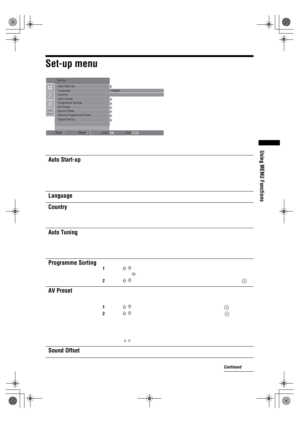 Set-up menu, Auto start-up, Language | Country, Auto tuning, Programme sorting, Av preset, Sound offset | Sony BRAVIA KDL-20S2000 User Manual | Page 25 / 103