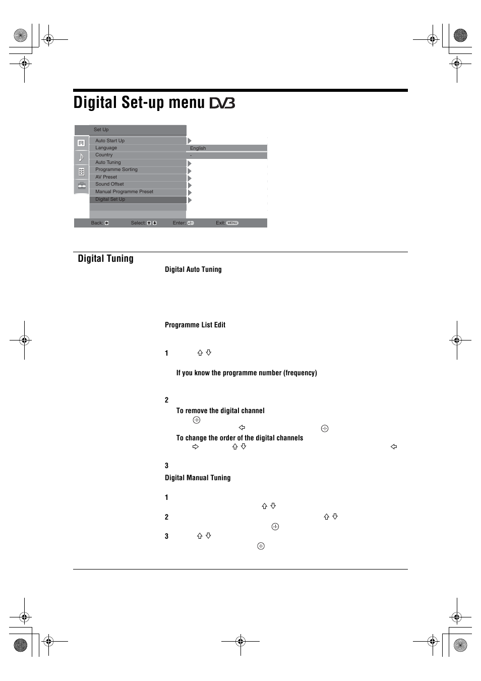 Digital set-up menu, Digital tuning | Sony BRAVIA KDL-20S2000 User Manual | Page 28 / 103