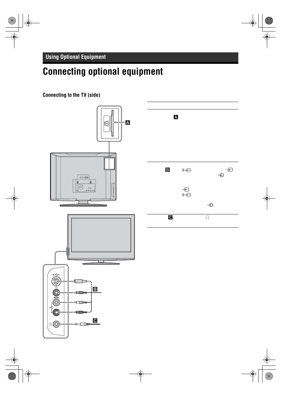 Connecting optional equipment, Using optional equipment | Sony BRAVIA KDL-20S2000 User Manual | Page 30 / 103