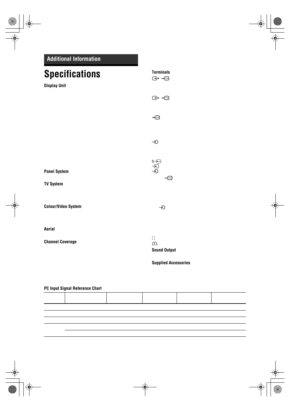 Specifications, Additional information | Sony BRAVIA KDL-20S2000 User Manual | Page 32 / 103