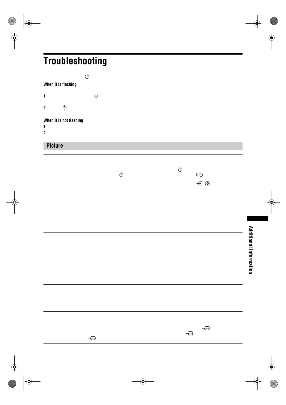 Troubleshooting, Picture, Additional information | Sony BRAVIA KDL-20S2000 User Manual | Page 33 / 103