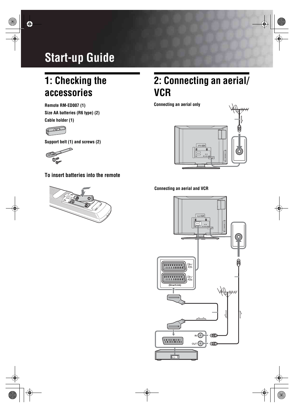 Start-up guide, Checking the accessories, Connecting an aerial/ vcr | Sony BRAVIA KDL-20S2000 User Manual | Page 4 / 103