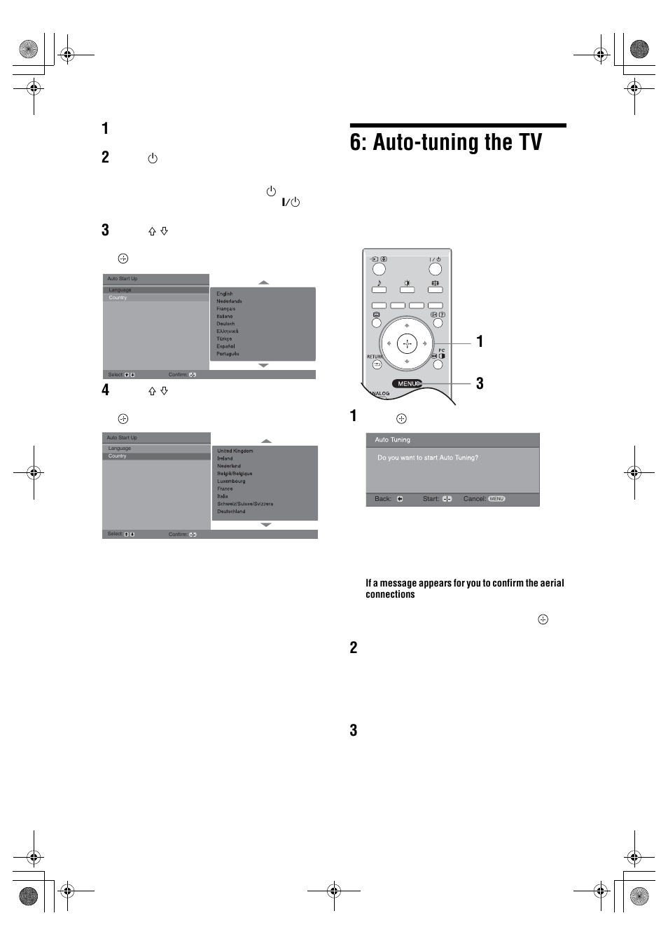 Auto-tuning the tv | Sony BRAVIA KDL-20S2000 User Manual | Page 6 / 103
