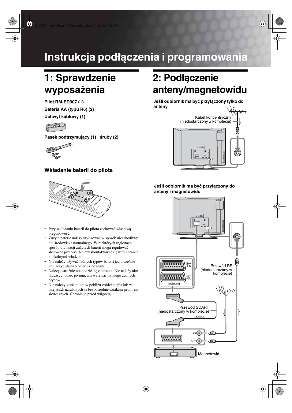 Instrukcja podłączenia i programowania, Sprawdzenie wyposażenia, Podłączenie anteny/magnetowidu | Sony BRAVIA KDL-20S2000 User Manual | Page 72 / 103