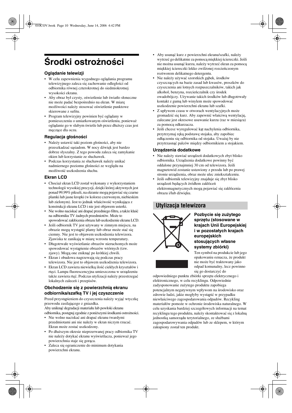 Środki ostrożności, Utylizacja telewizora | Sony BRAVIA KDL-20S2000 User Manual | Page 78 / 103