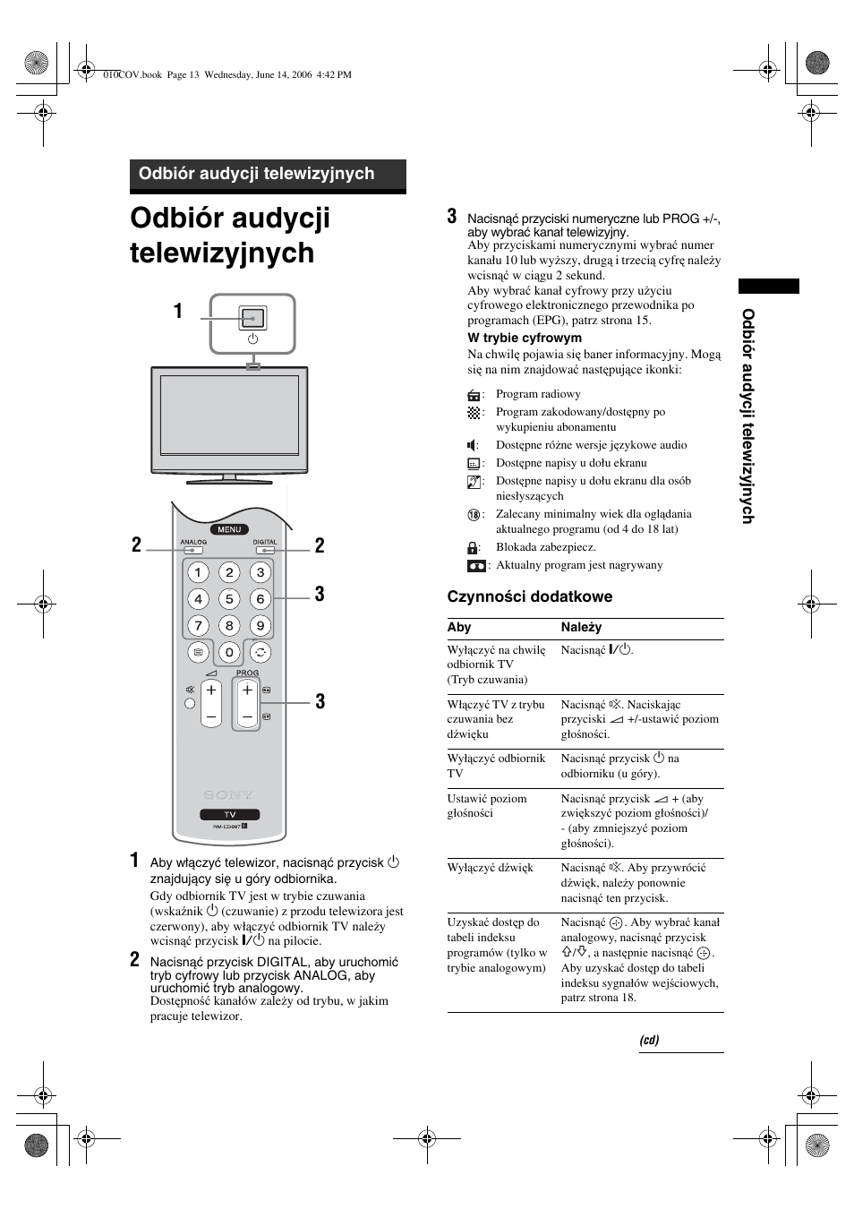 Odbiór audycji telewizyjnych | Sony BRAVIA KDL-20S2000 User Manual | Page 81 / 103