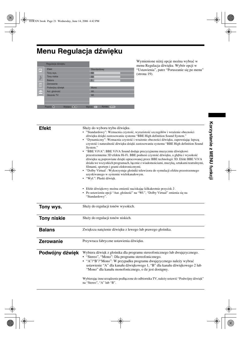 Menu regulacja dźwięku, Efekt, Tony wys | Tony niskie, Balans, Zerowanie, Podwójny dźwięk, Korzystanie z menu funkcji | Sony BRAVIA KDL-20S2000 User Manual | Page 89 / 103