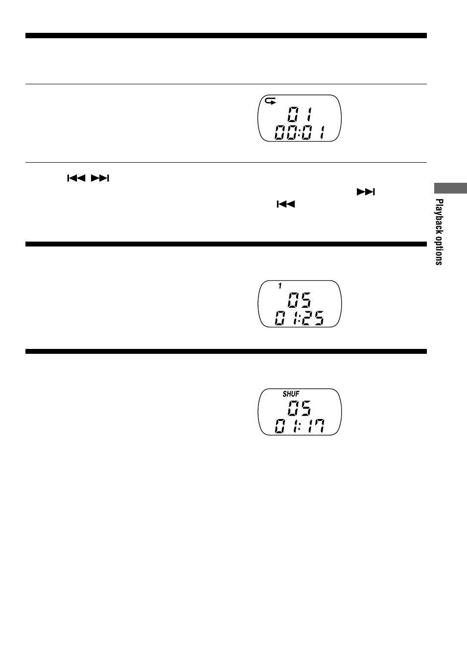 Playing tracks repeatedly (repeat play), Playing a single track (single play), Playing tracks in random order (shuffle play) | Playing tracks repeatedly, Playing a single track, Playing tracks in random order | Sony D-EJ711 User Manual | Page 11 / 28