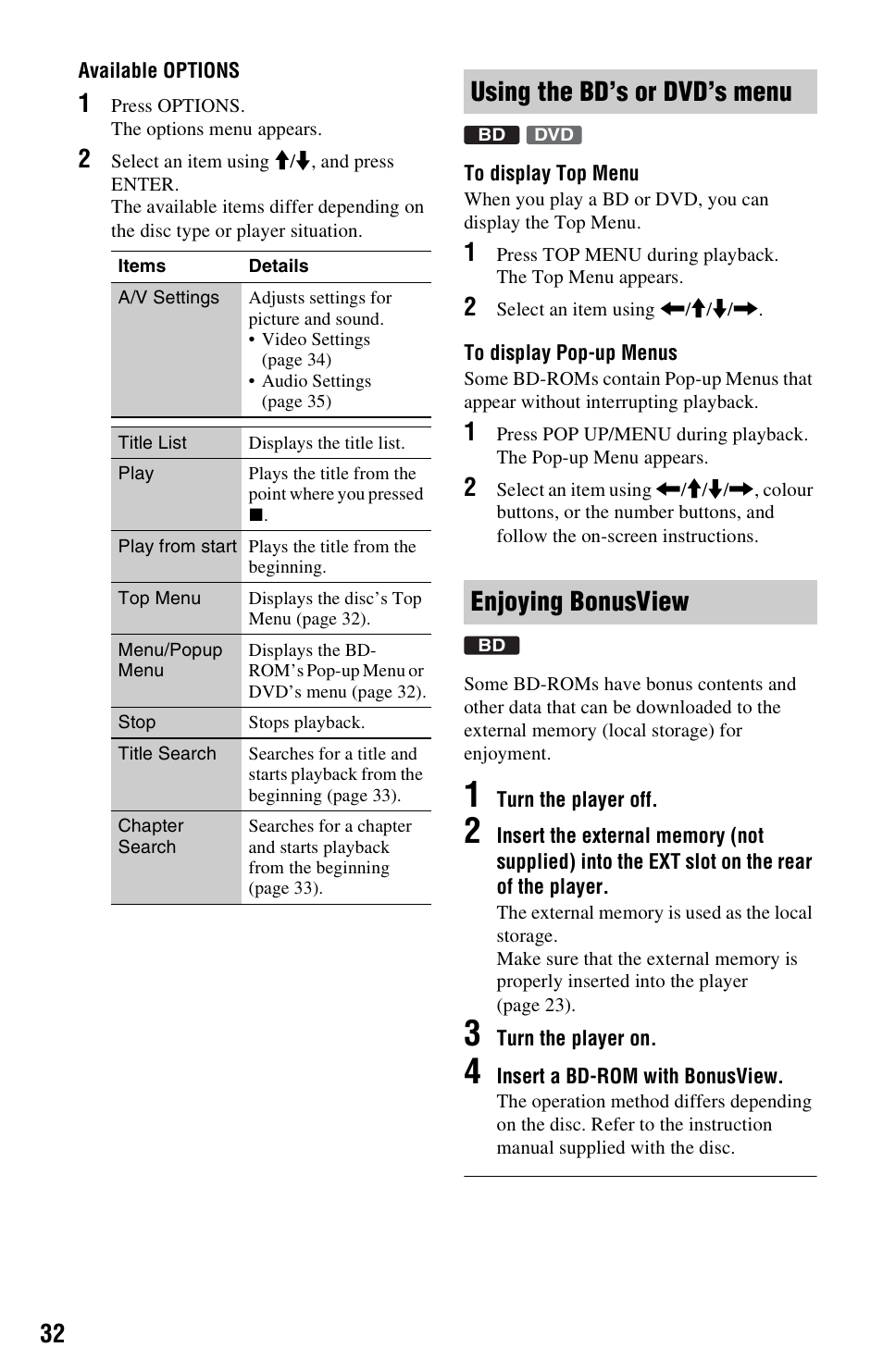 Using the bd’s or dvd’s menu, Enjoying bonusview, Using the bd’s or dvd’s menu enjoying bonusview | Sony 3-452-775-11(1) User Manual | Page 32 / 71