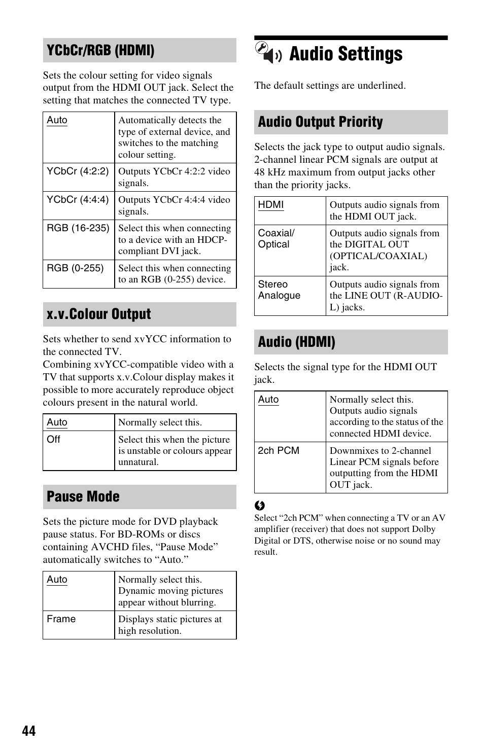 Audio settings, Ycbcr/rgb (hdmi), X.v.colour output | Pause mode, Audio output priority, Audio (hdmi) | Sony 3-452-775-11(1) User Manual | Page 44 / 71