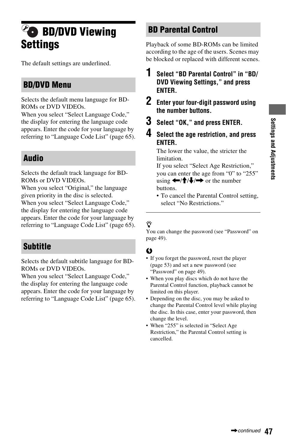 Bd/dvd viewing settings, Bd/dvd menu audio subtitle bd parental control | Sony 3-452-775-11(1) User Manual | Page 47 / 71