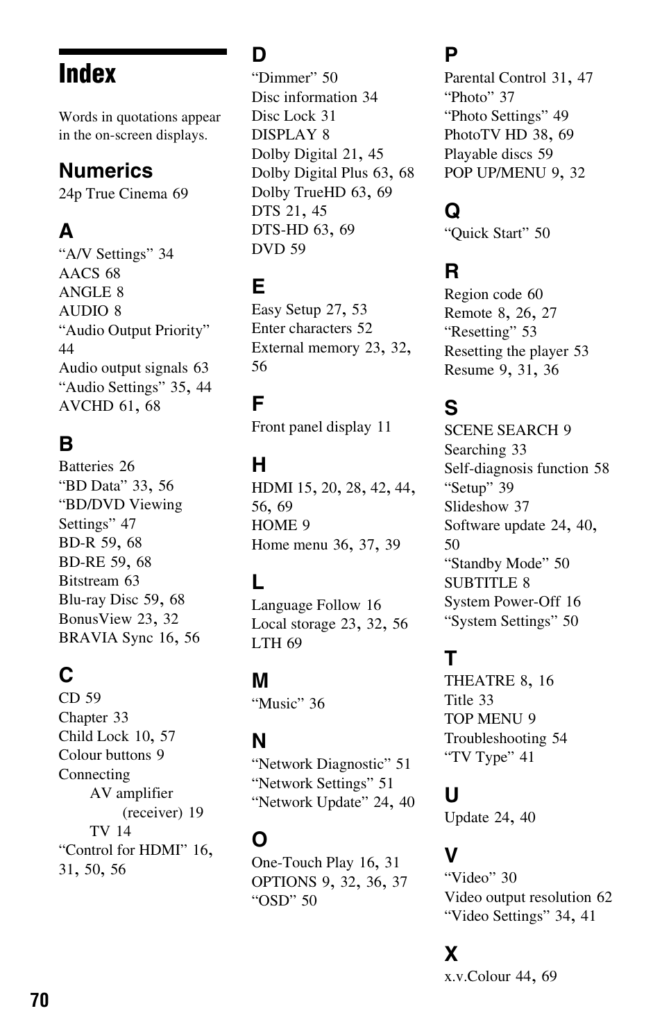 Index, Numerics | Sony 3-452-775-11(1) User Manual | Page 70 / 71