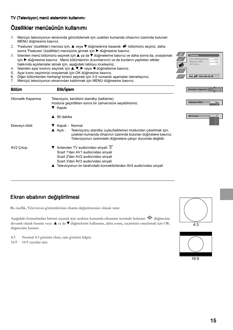 Özellikler menüsünün kullanõmõ, Ekran ebatõnõn değiştirilmesi | Sony FD Trinitron KV-34FQ75 D User Manual | Page 123 / 160