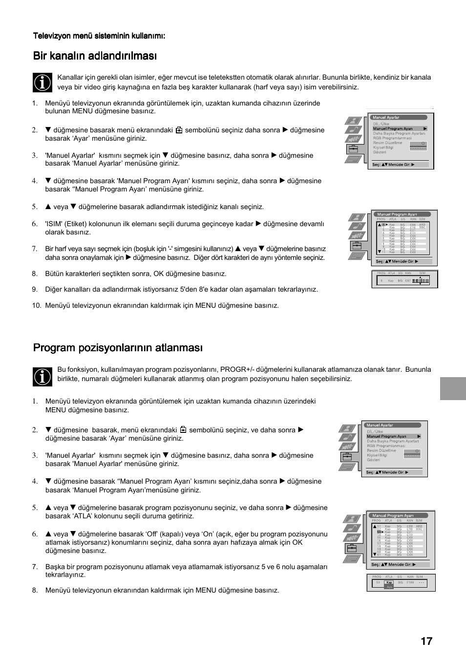 Bir kanalõn adlandõrõlmasõ, Program pozisyonlarõnõn atlanmasõ | Sony FD Trinitron KV-34FQ75 D User Manual | Page 125 / 160
