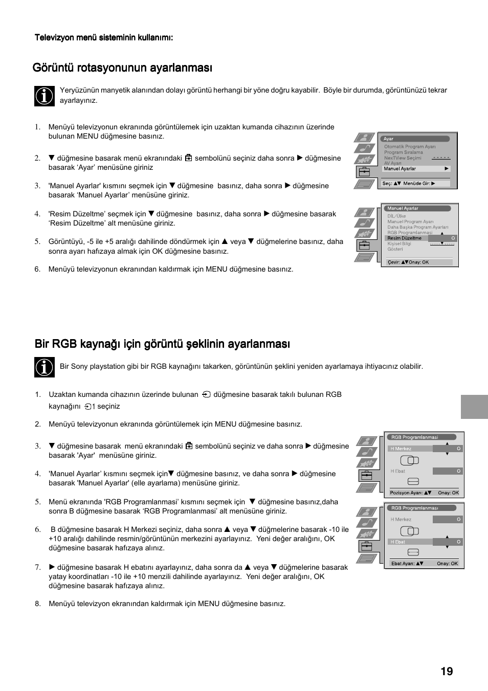 Bir rgb kaynağõ için görüntü şeklinin ayarlanmasõ, Görüntü rotasyonunun ayarlanmasõ | Sony FD Trinitron KV-34FQ75 D User Manual | Page 127 / 160